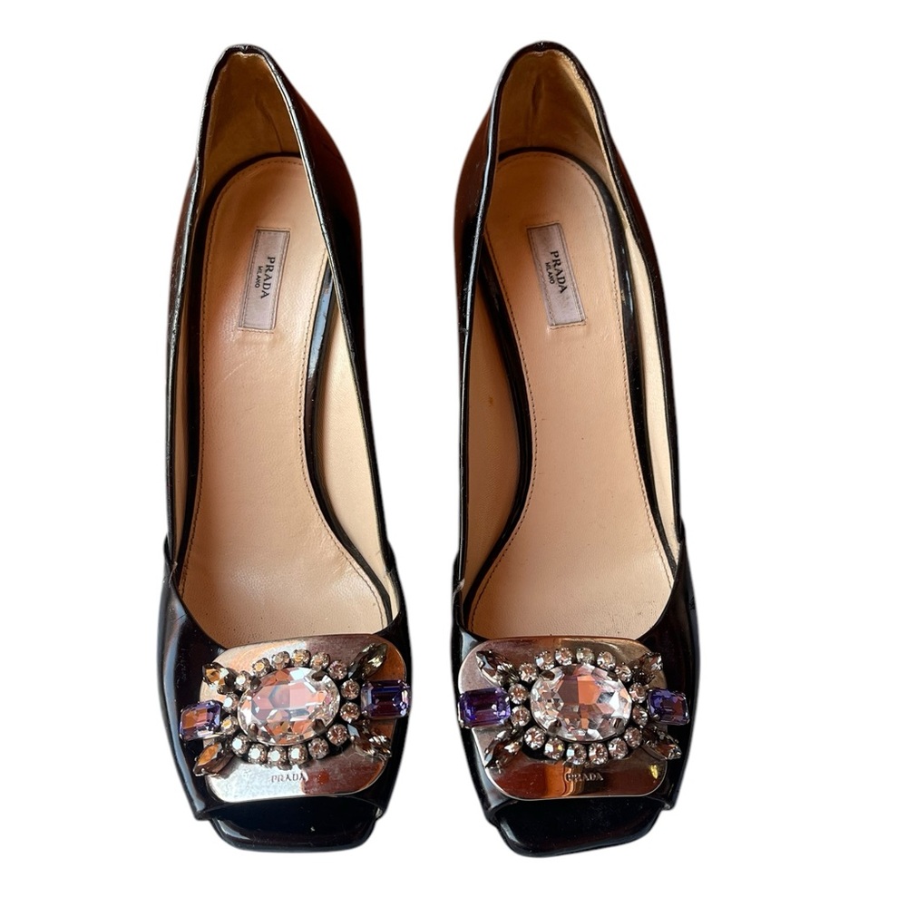 Prada Black Patent Leather Crystal Embellished Open Toe Pumps Size:38/US:8